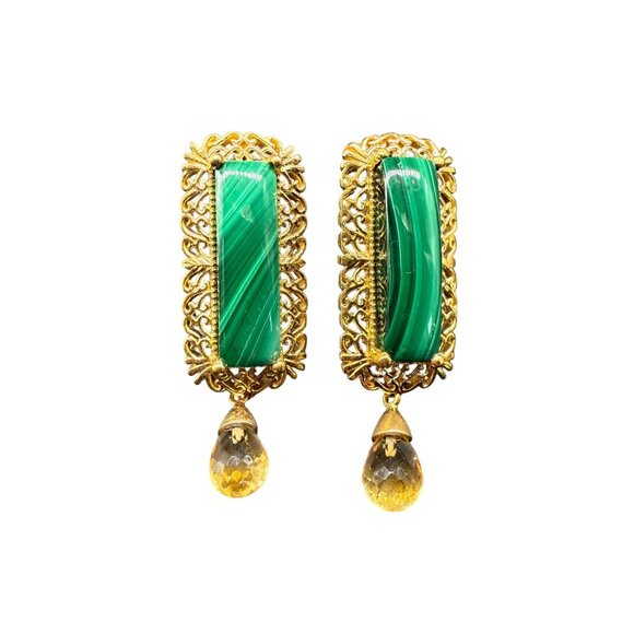 New STS Karis Ornate Green Malachite Glass Filigree Dangle Drop Earrings - Picture 1 of 4